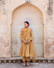 Gold Chand Patti Chandni Beige Muslin Anarkali Set With Organza Dupatta