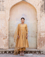 Gold Chand Patti Chandni Beige Muslin Anarkali Set With Organza Dupatta