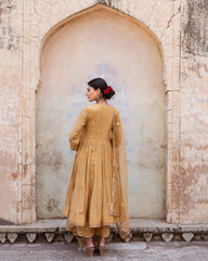 Gold Chand Patti Chandni Beige Muslin Anarkali Set With Organza Dupatta