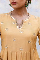 Gold Chand Patti Chandni Beige Muslin Anarkali Set With Organza Dupatta