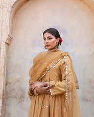Gold Chand Patti Chandni Beige Muslin Anarkali Set With Organza Dupatta