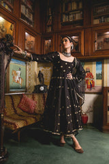 Gold Chand Patti Chandni Black Muslin Anarkali Set With Organza Dupatta