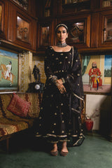 Gold Chand Patti Chandni Black Muslin Anarkali Set With Organza Dupatta