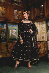 Gold Chand Patti Chandni Black Muslin Anarkali Set With Organza Dupatta