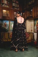 Gold Chand Patti Chandni Black Muslin Anarkali Set With Organza Dupatta