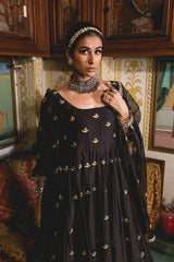 Gold Chand Patti Chandni Black Muslin Anarkali Set With Organza Dupatta