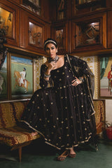Gold Chand Patti Chandni Black Muslin Anarkali Set With Organza Dupatta