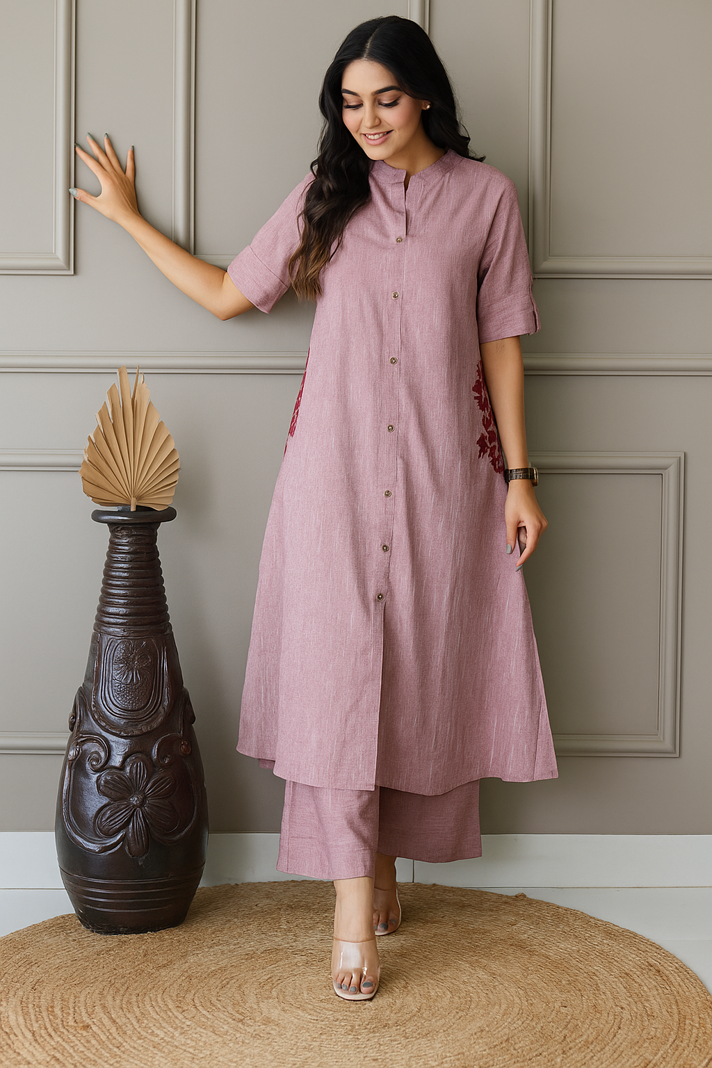 Light Pink Embroidered Cotton Kurta and Palazzo Set