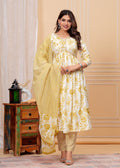 Women Viscose Rayon Kurta Pant Dupatta Set Yellow
