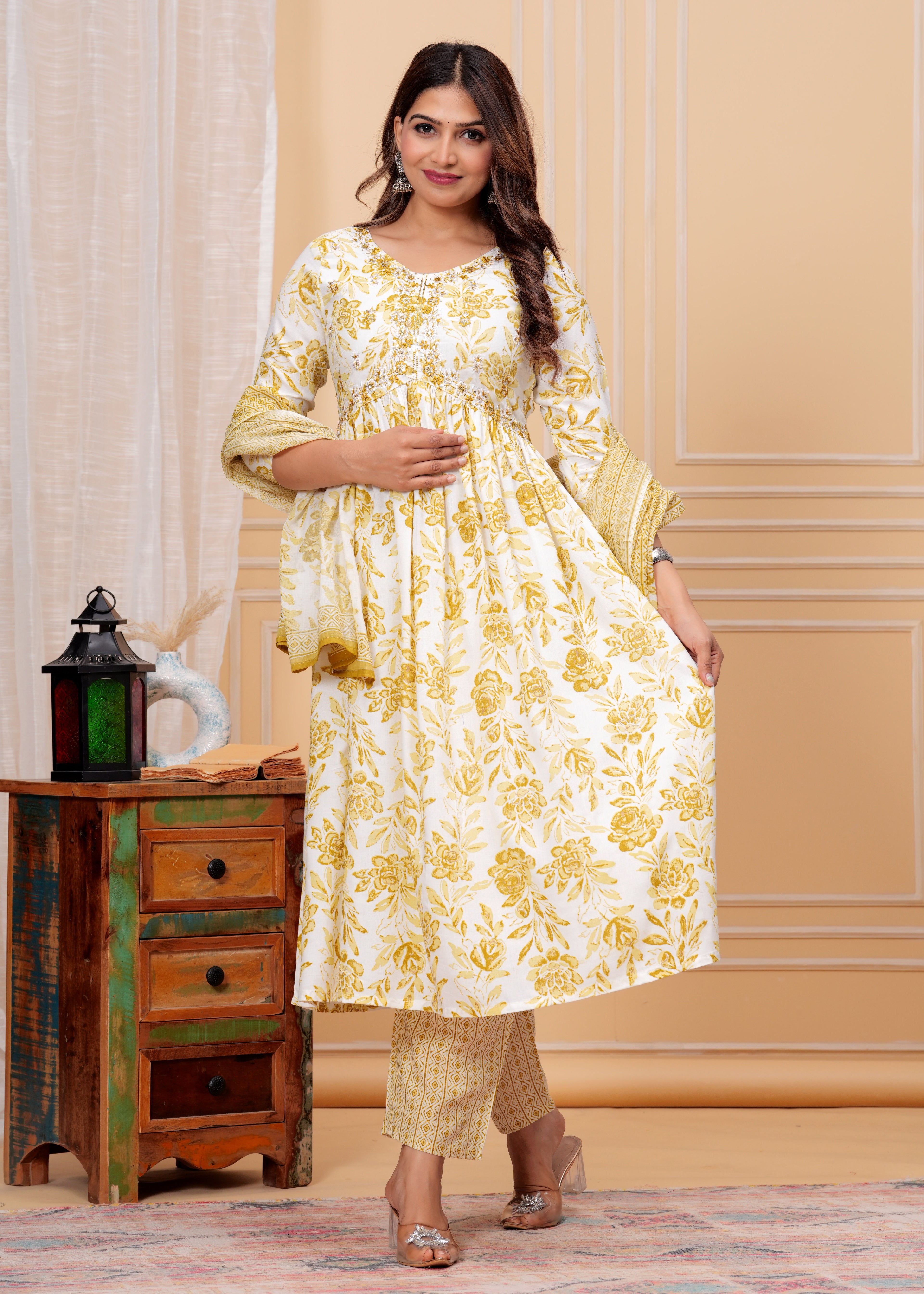 Women Viscose Rayon Kurta Pant Dupatta Set Yellow