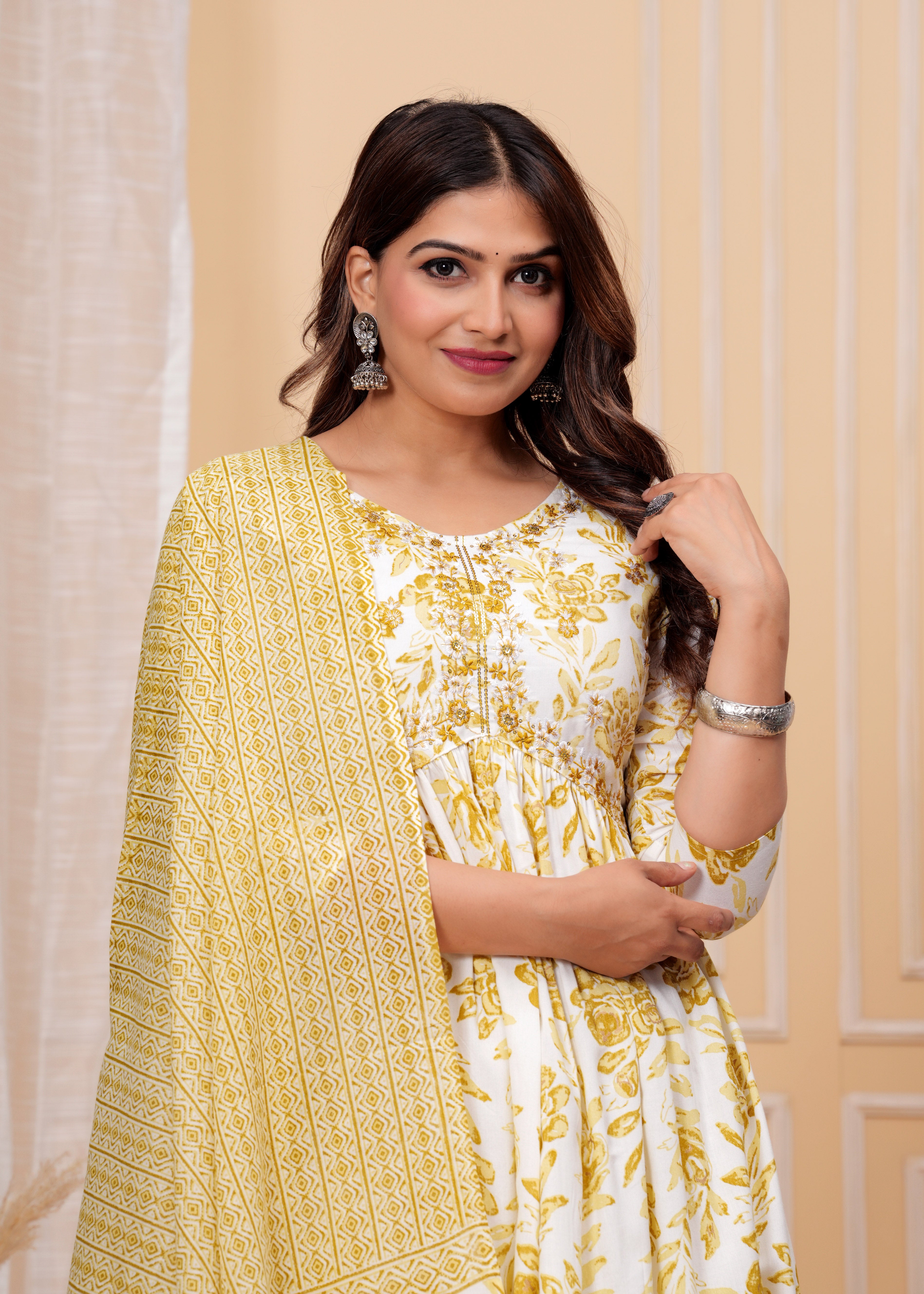 Women Viscose Rayon Kurta Pant Dupatta Set Yellow