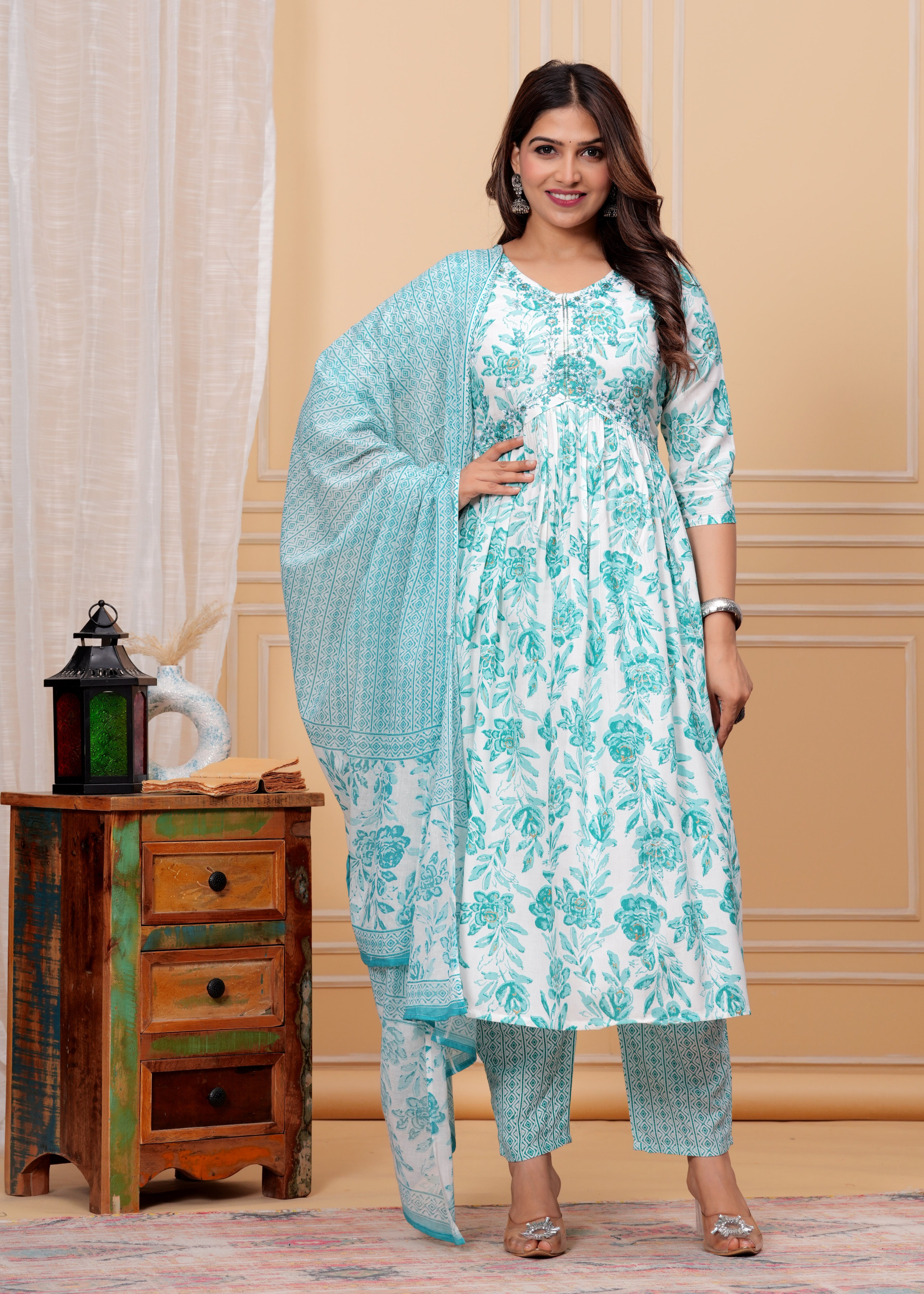 Women Rayon Kurta Pant Dupatta Set Sky Blue
