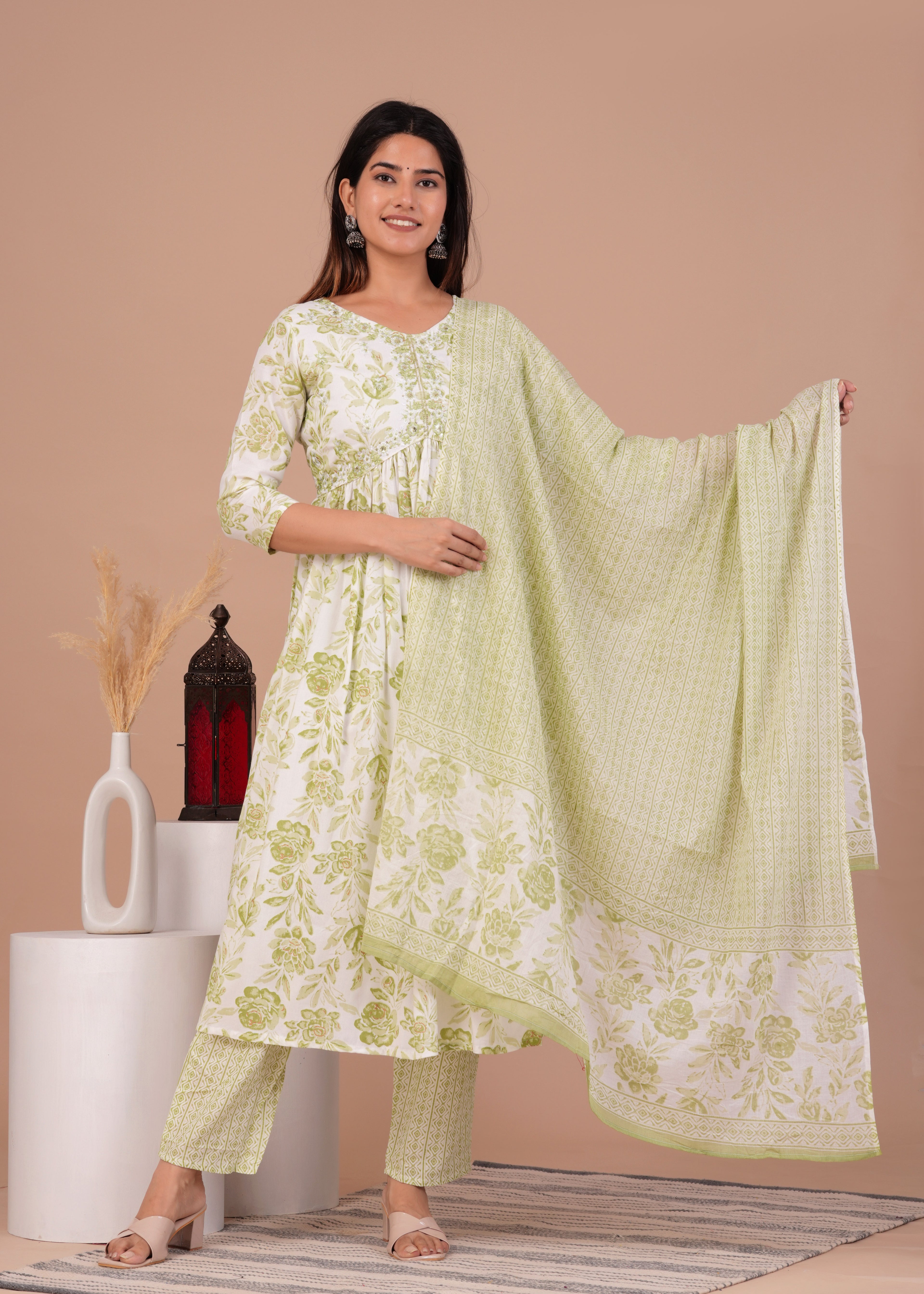 Women Rayon Kurta Pant Dupatta Set Light Green
