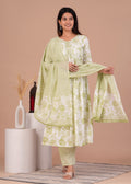 Women Rayon Kurta Pant Dupatta Set Light Green