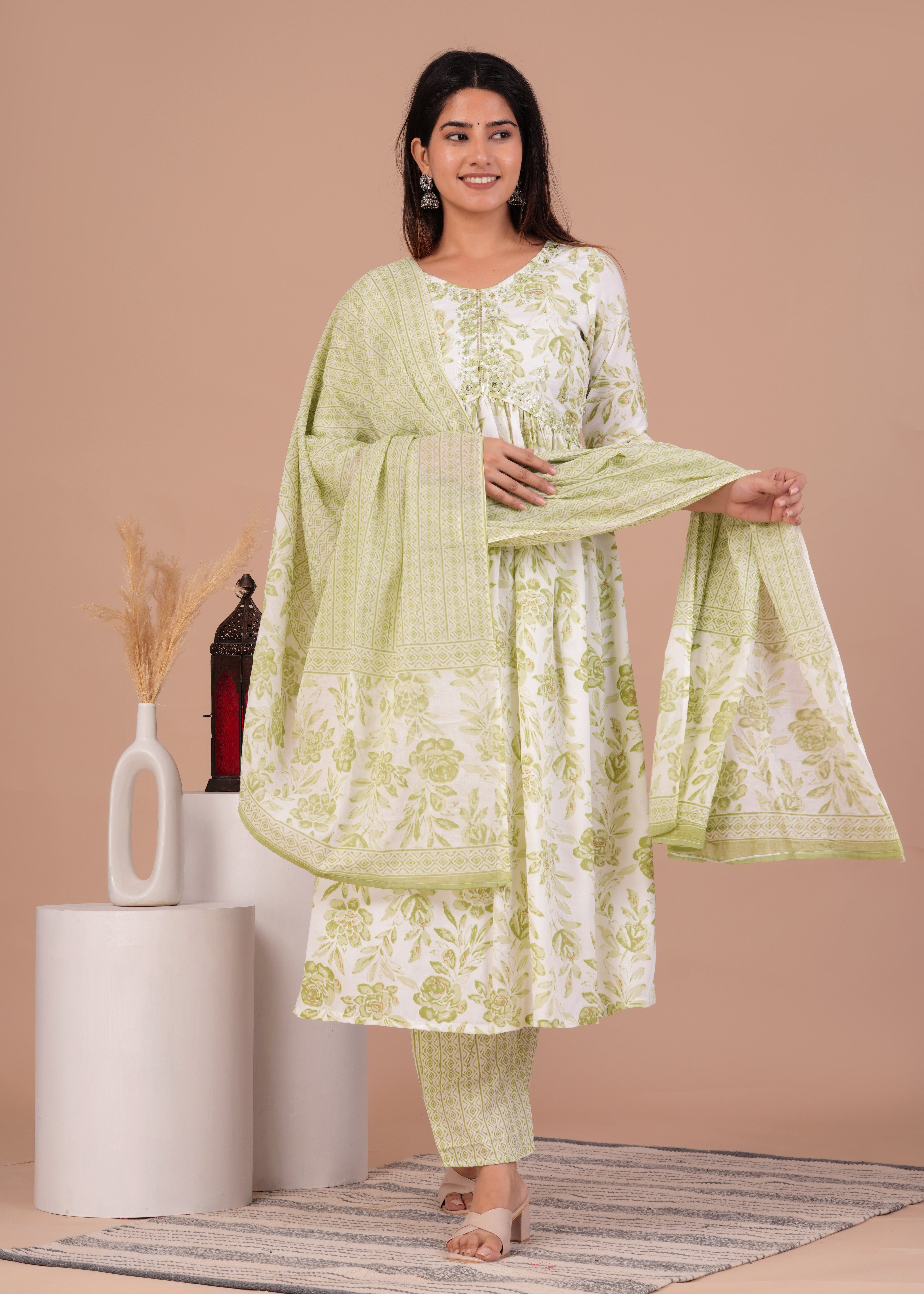Women Rayon Kurta Pant Dupatta Set Light Green