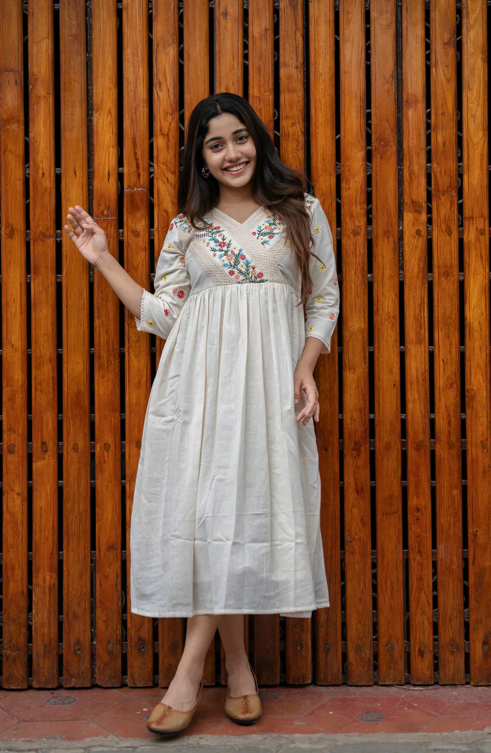 Off White Cotton Kurti/ Dress With Floral Embroidery And Crochet Lace Detailings