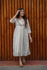 Biba Off White Cotton Kurti/ Dress With Floral Embroidery And Crochet Lace Detailings