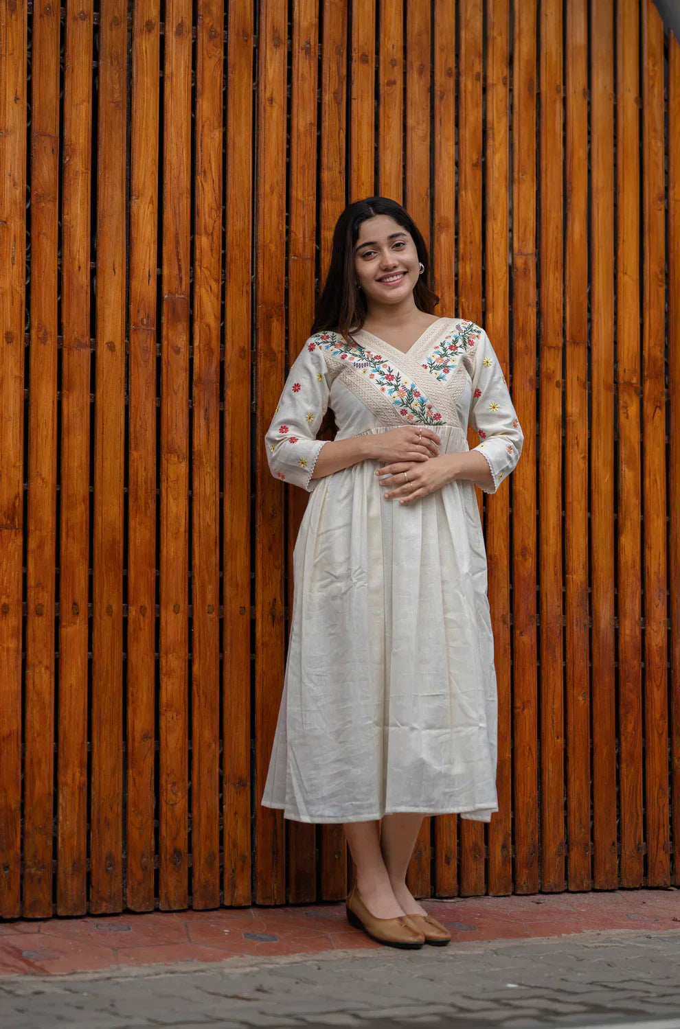 Biba Off White Cotton Kurti/ Dress With Floral Embroidery And Crochet Lace Detailings