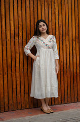 Biba Off White Cotton Kurti/ Dress With Floral Embroidery And Crochet Lace Detailings