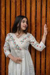 Biba Off White Cotton Kurti/ Dress With Floral Embroidery And Crochet Lace Detailings