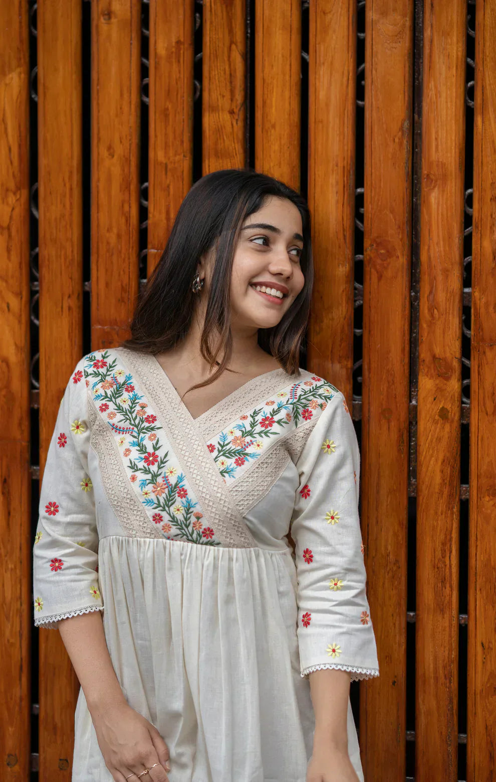 Biba Off White Cotton Kurti/ Dress With Floral Embroidery And Crochet Lace Detailings