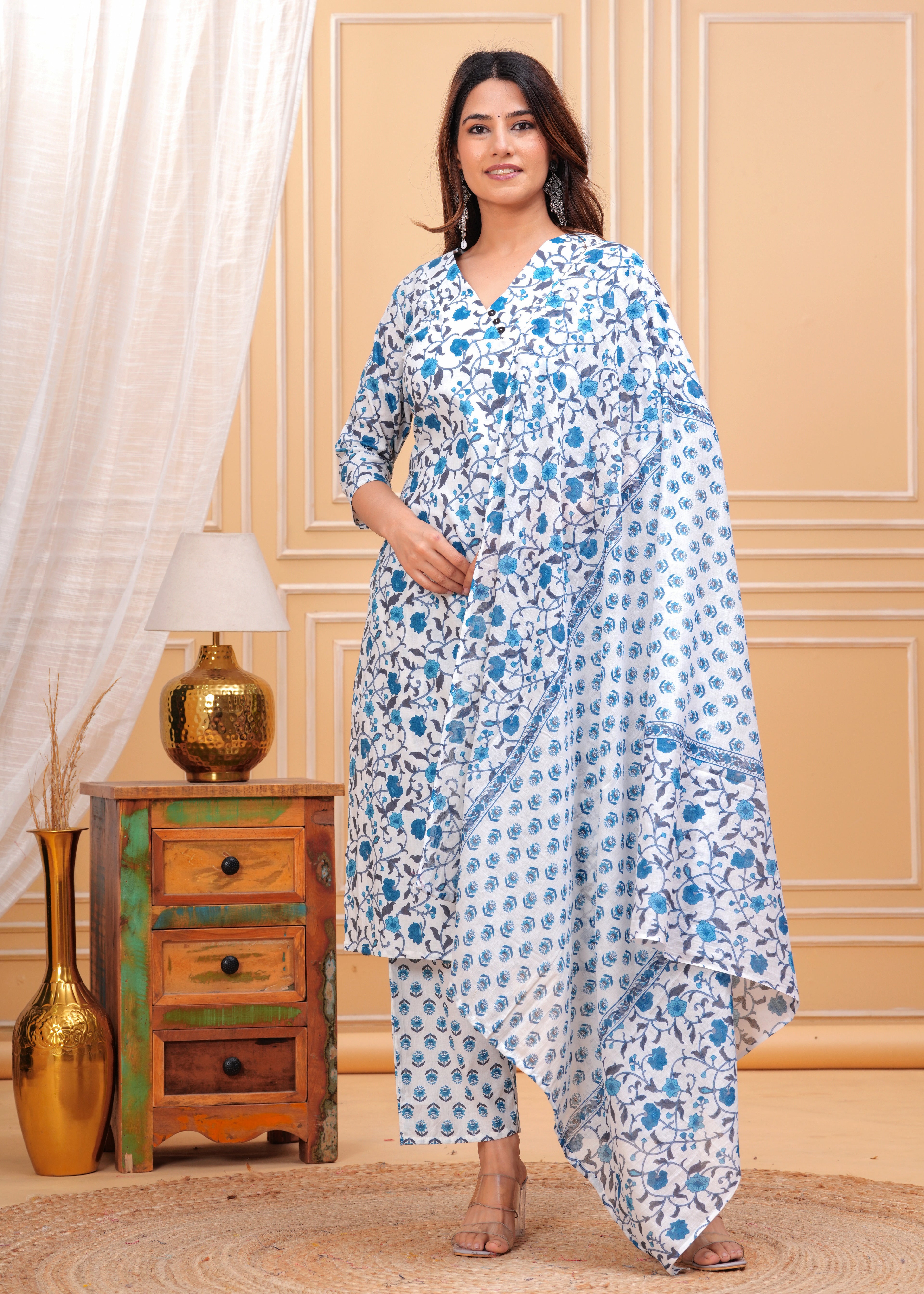 Women Rayon Kurta Pant Dupatta Set Flower Blue