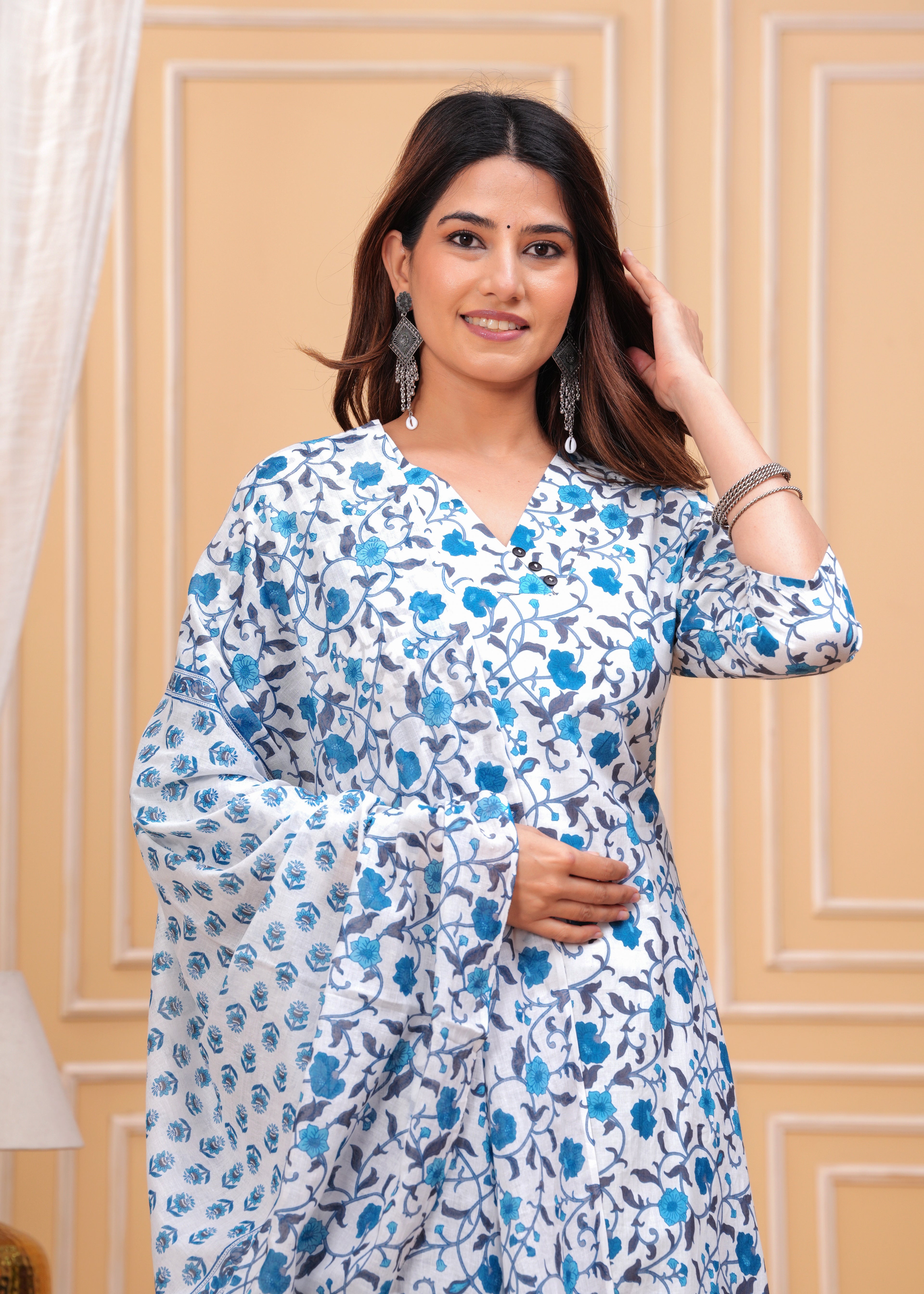 Women Rayon Kurta Pant Dupatta Set Flower Blue