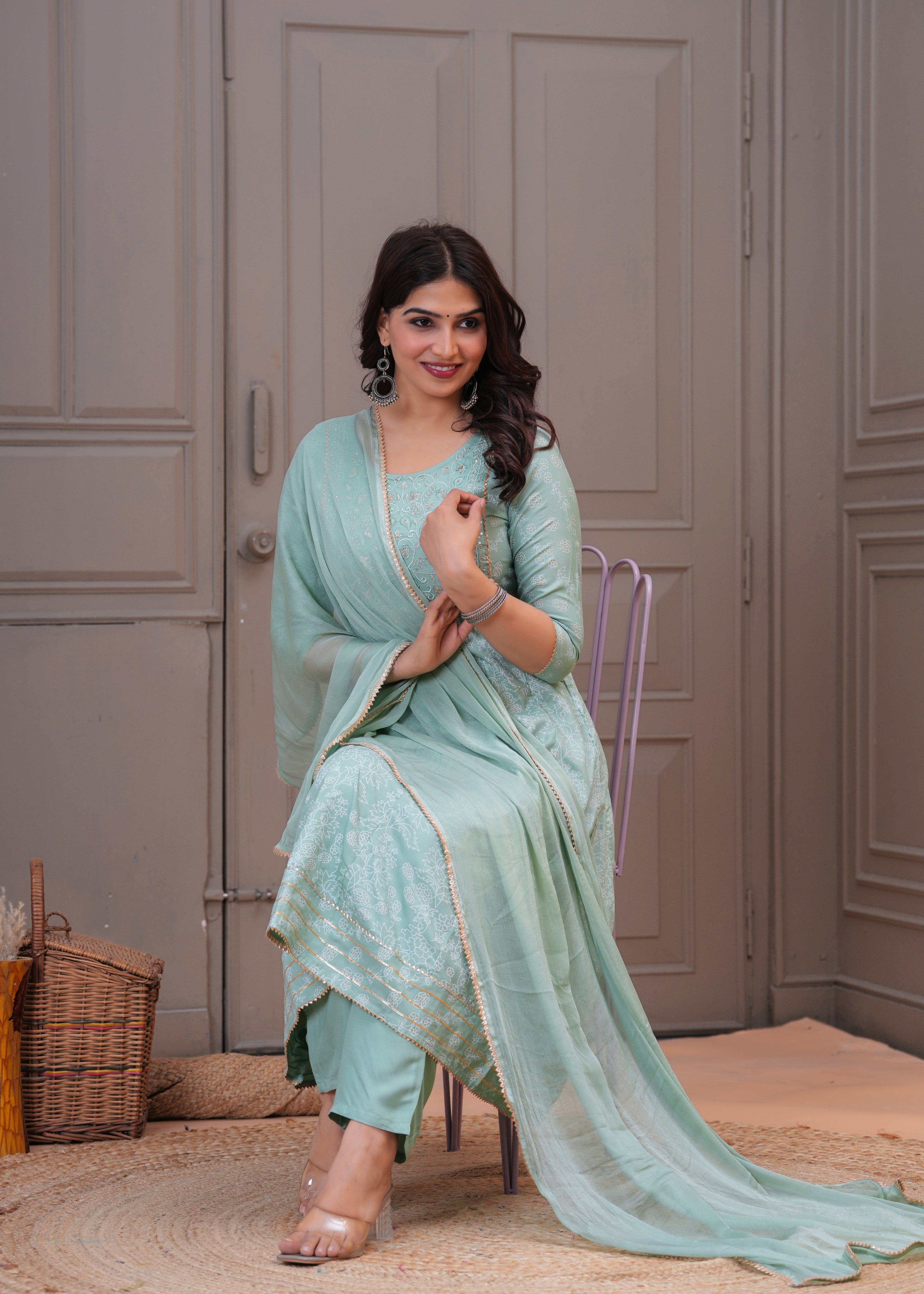 Women Rayon Kurta Pant Dupatta Set Light Green