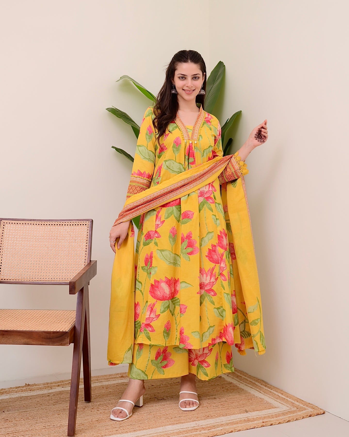 Yellow Lotus Handwork A Line Cotton Suit
