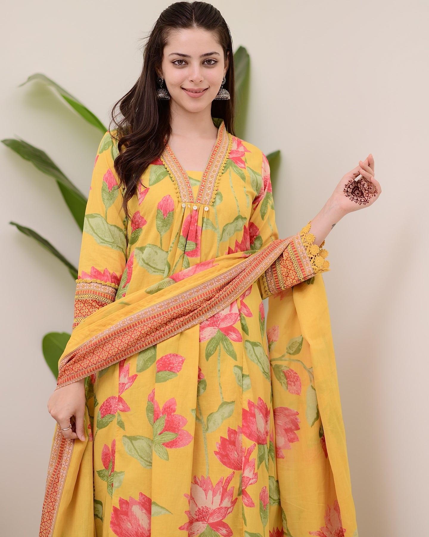 Yellow Lotus Handwork A Line Cotton Suit
