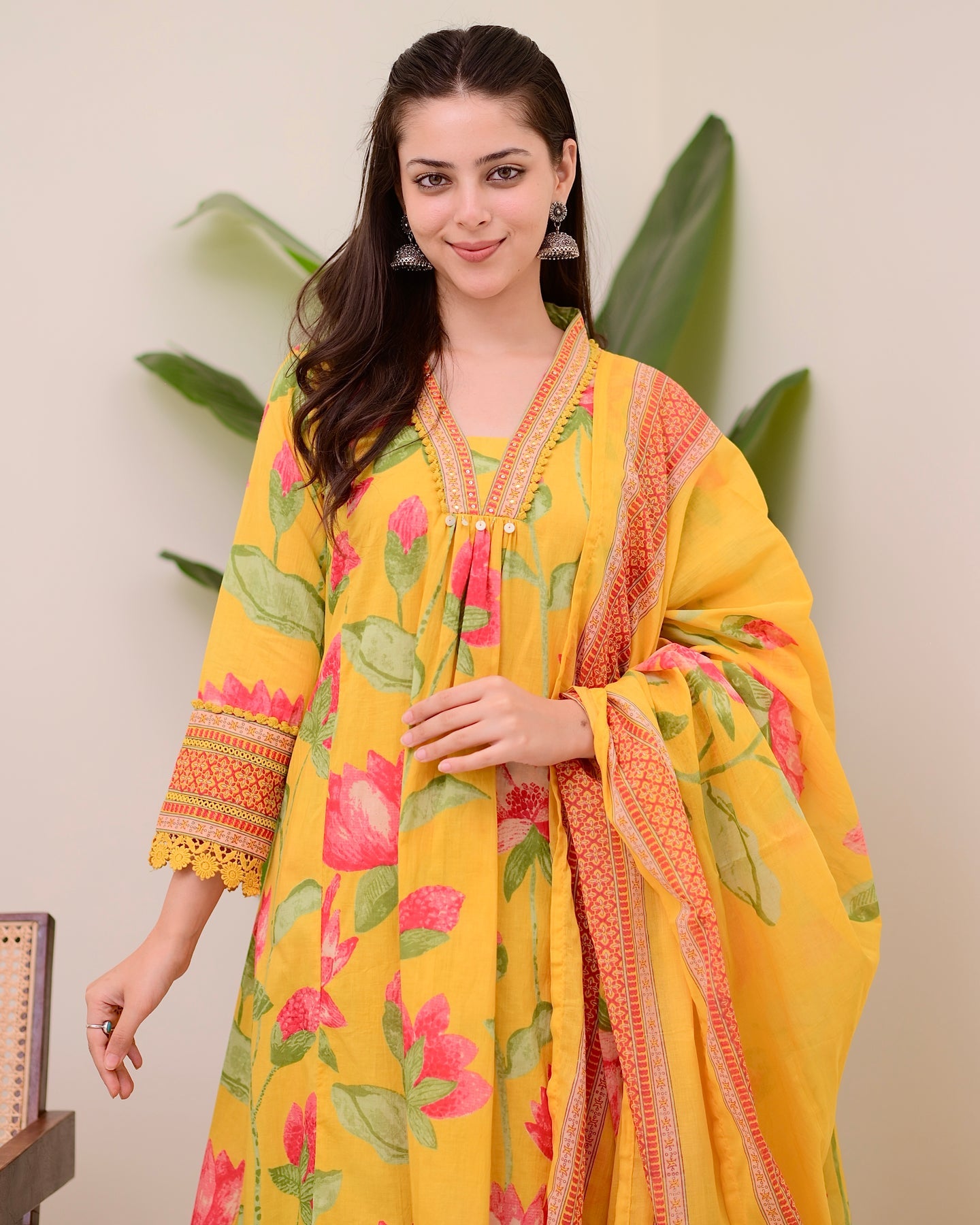 Yellow Lotus Handwork A Line Cotton Suit