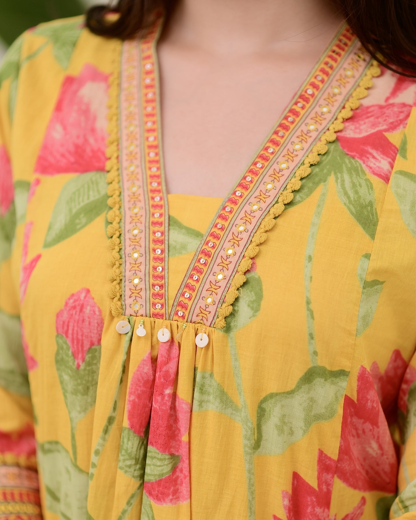 Yellow Lotus Handwork A Line Cotton Suit