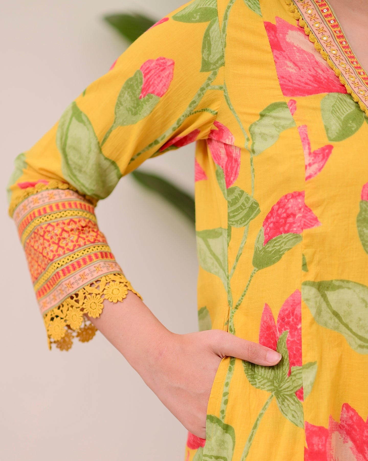 Yellow Lotus Handwork A Line Cotton Suit
