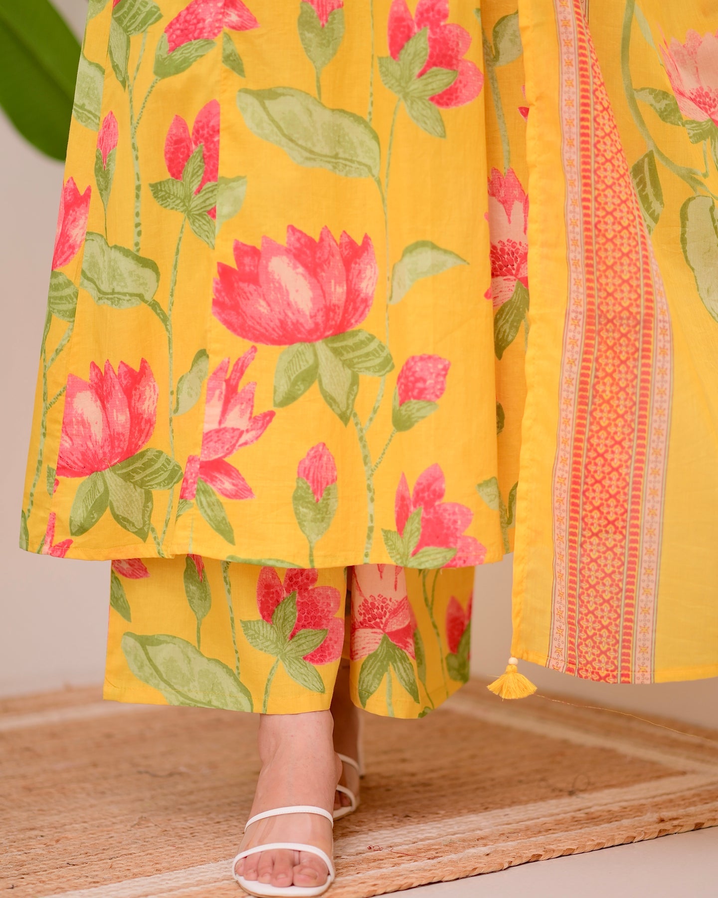 Yellow Lotus Handwork A Line Cotton Suit