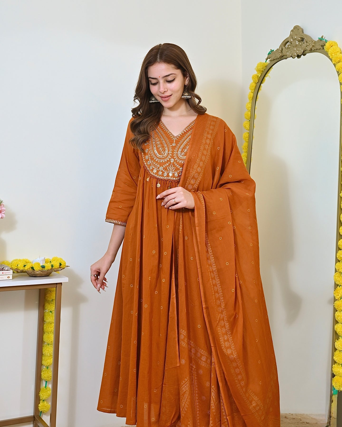 Rust Paisley Handwork A Line Mul Cotton Suit