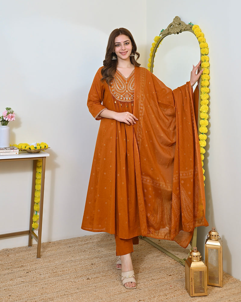 Rust Paisley Handwork A Line Mul Cotton Suit