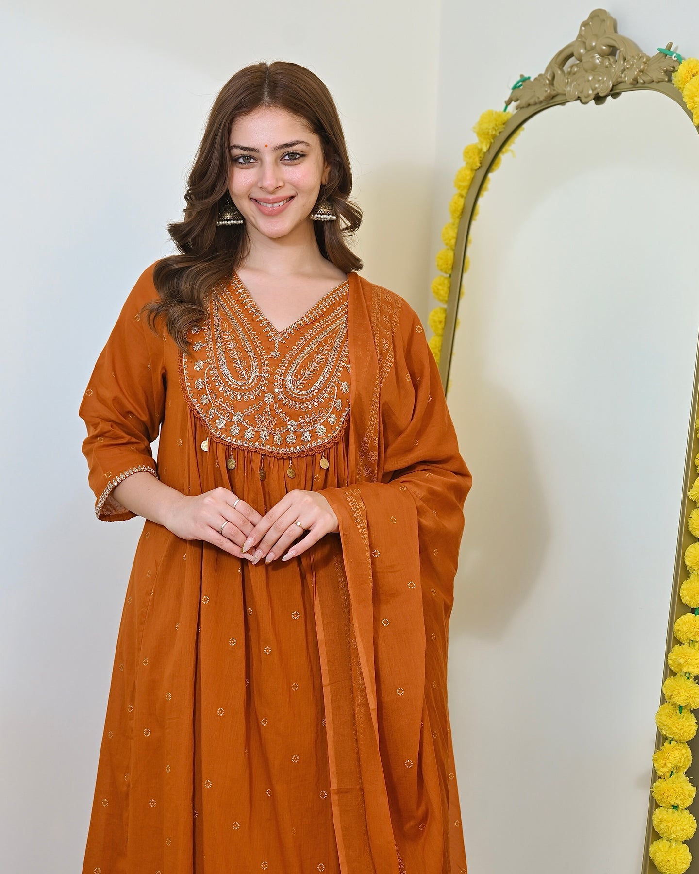 Rust Paisley Handwork A Line Mul Cotton Suit