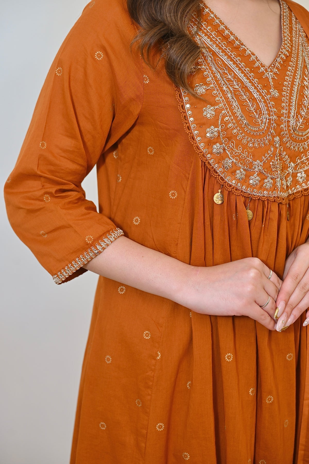 Rust Paisley Handwork A Line Mul Cotton Suit