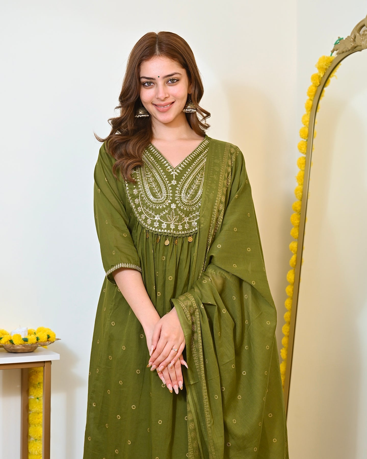Green Paisley Handwork A Line Mul Cotton Suit