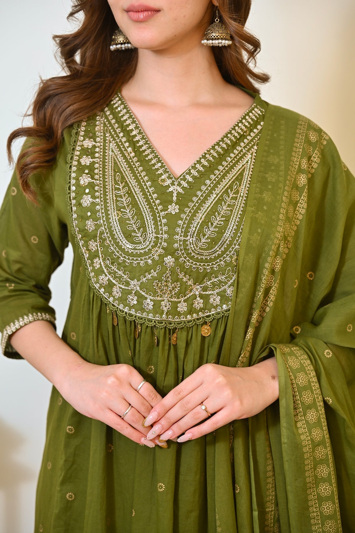 Green Paisley Handwork A Line Mul Cotton Suit
