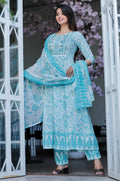 Women Rayon Kurta Pant Dupatta Set Multi Blue