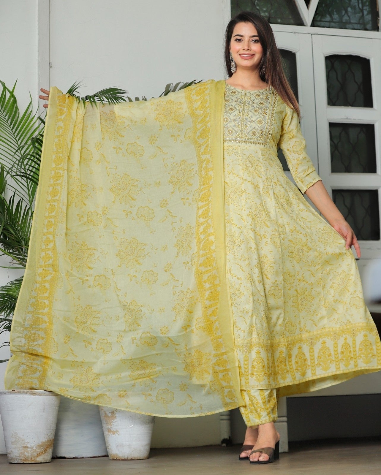 Women Rayon Kurta Pant Dupatta Set Multi Yellow
