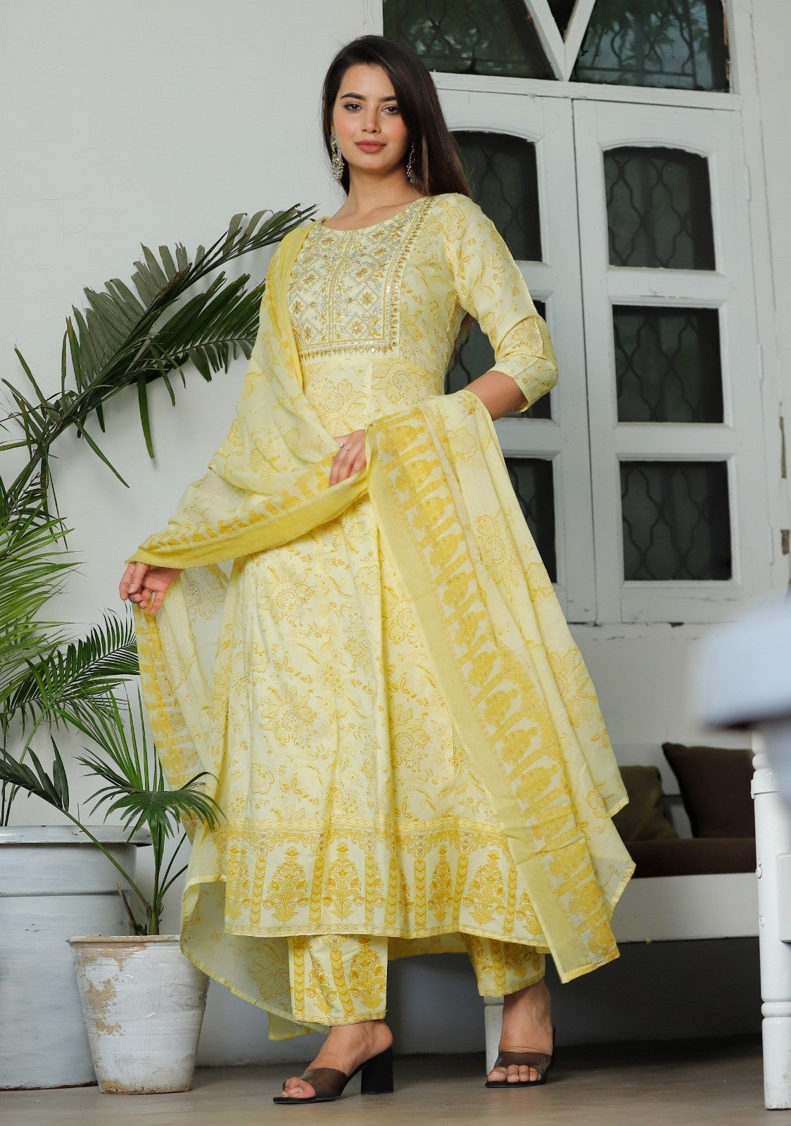 Women Rayon Kurta Pant Dupatta Set Multi Yellow