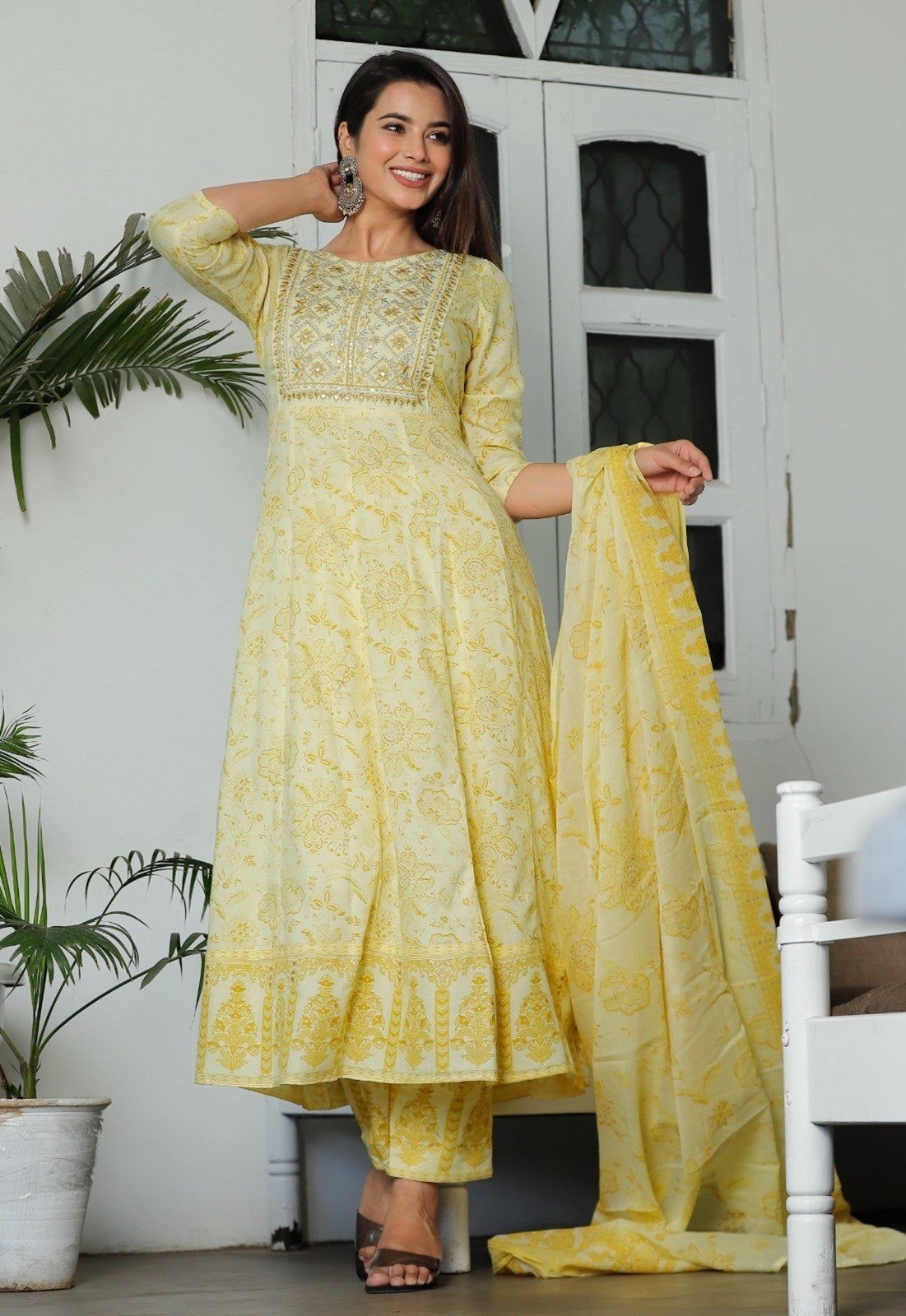 Women Rayon Kurta Pant Dupatta Set Multi Yellow