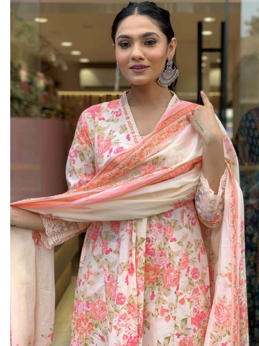 Floral Printed V-Neck Chanderi Cotton Straight Kurta With Trousers & Dupatta