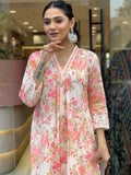 Floral Printed V-Neck Chanderi Cotton Straight Kurta With Trousers & Dupatta