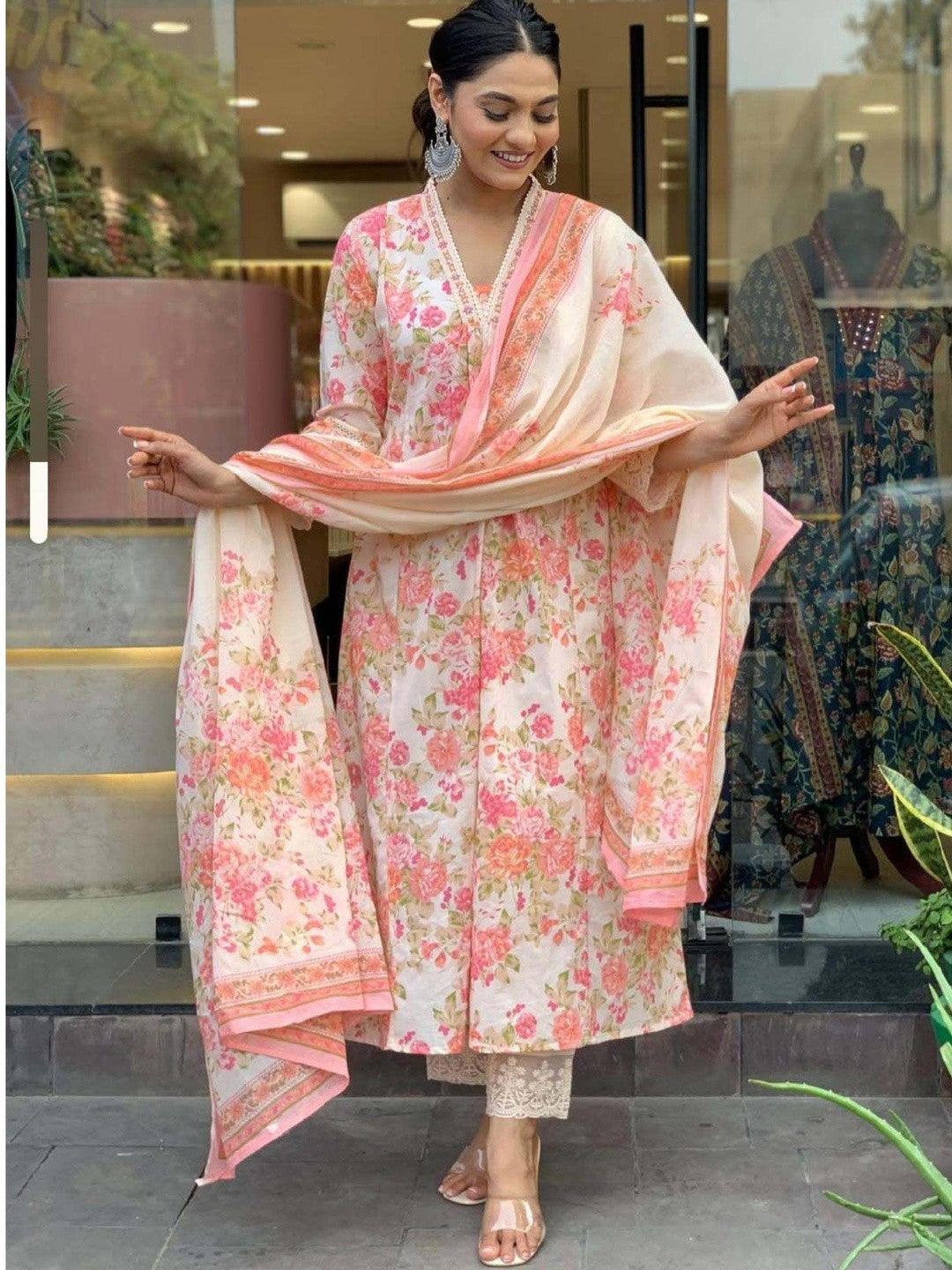 Floral Printed V-Neck Chanderi Cotton Straight Kurta With Trousers & Dupatta