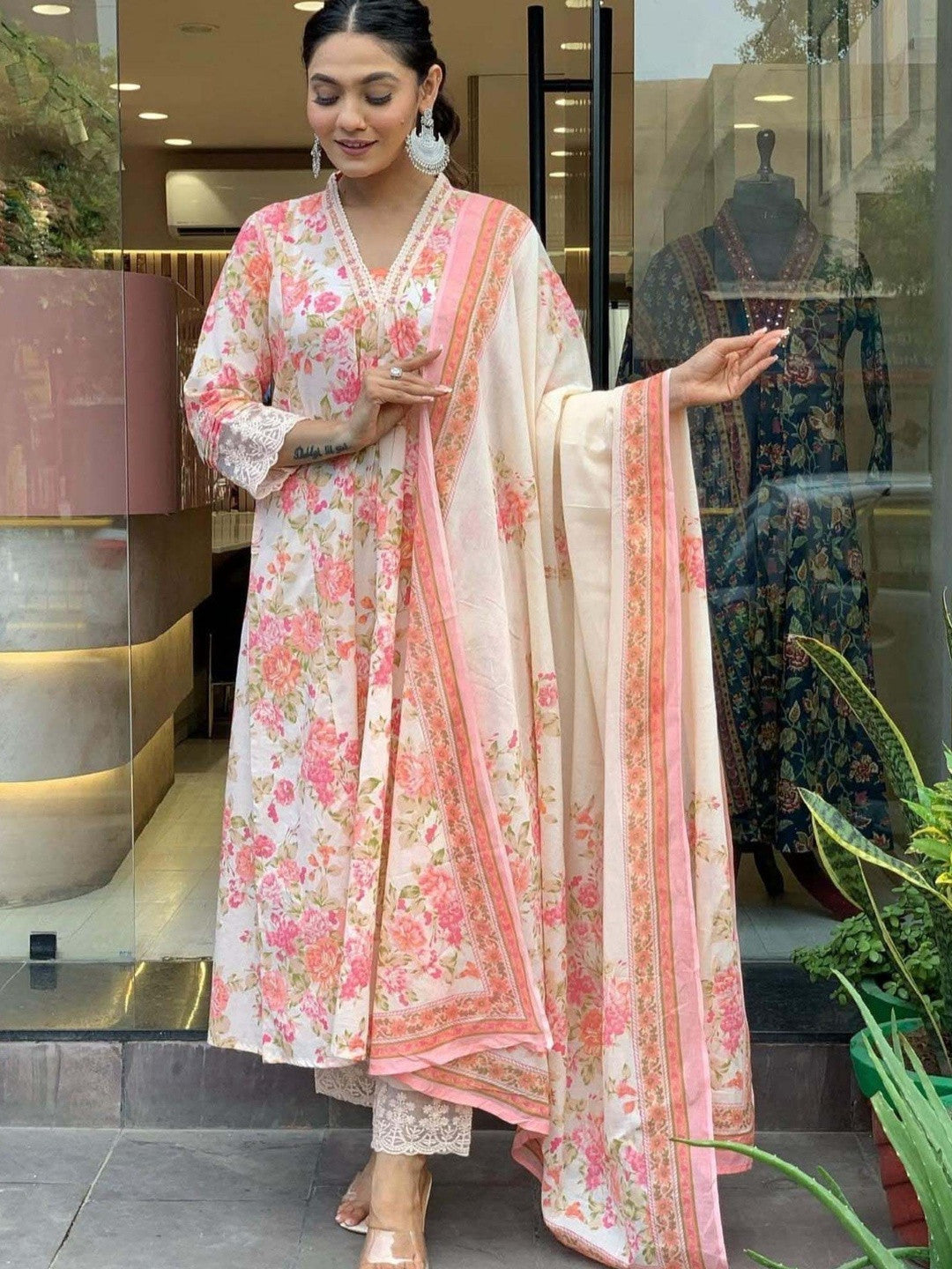 Floral Printed V-Neck Chanderi Cotton Straight Kurta With Trousers & Dupatta