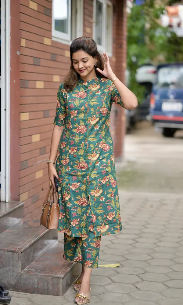 Biba Elegant Green Floral Kurta Set For Women