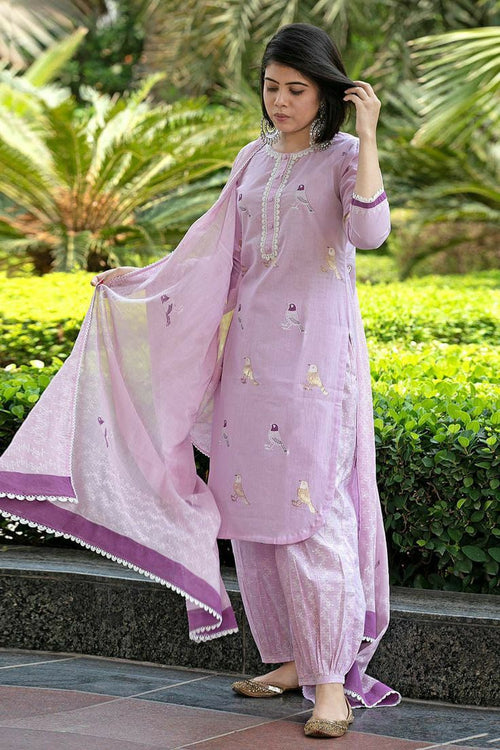 Bird Printed Cotton Kurta And Pant Set With Dupatta